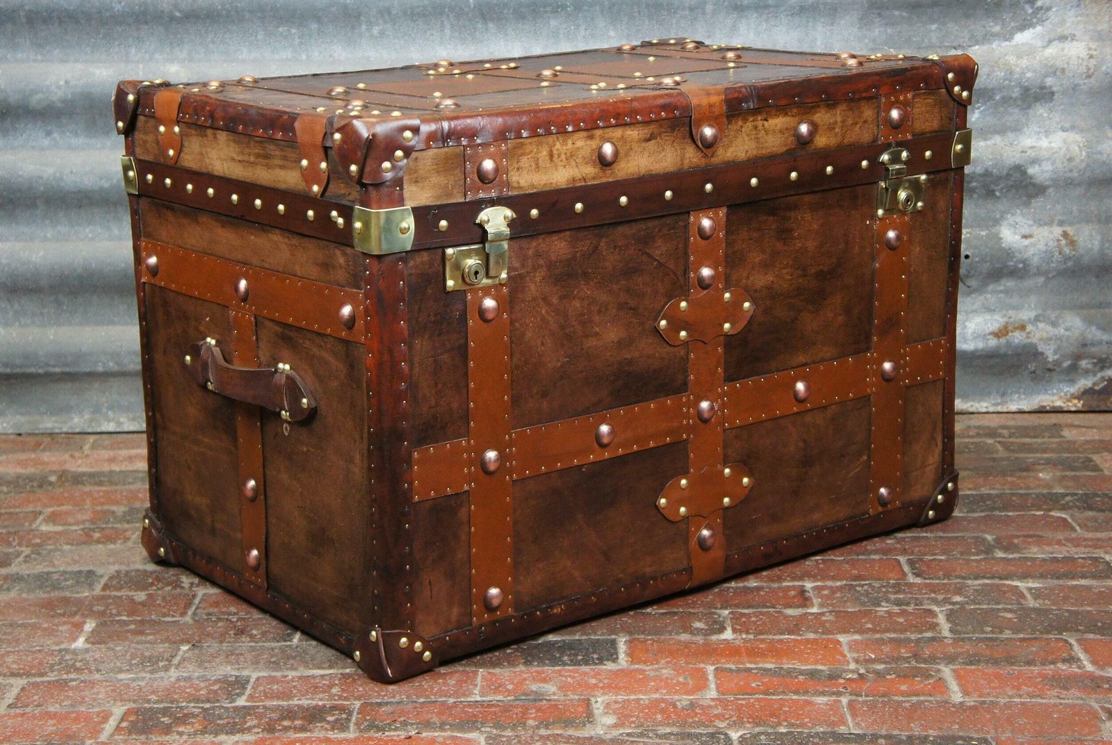 Antique Inspired English Leather Steamer Trunk Interior Coffee Table End Table
