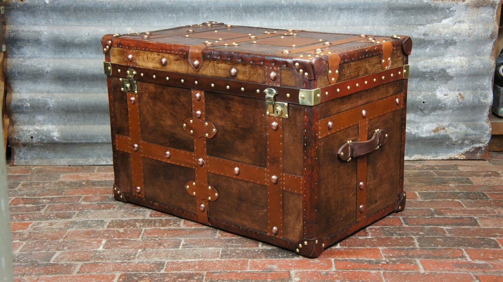 Antique Inspired English Leather Steamer Trunk Interior Coffee Table End Table photo vinterior