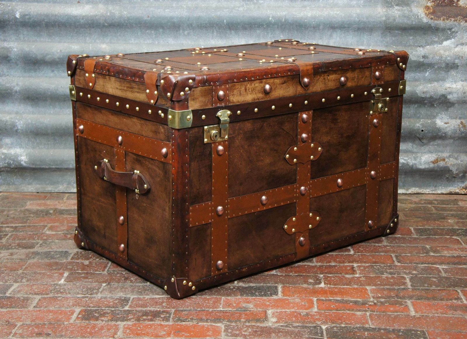 photo for sale Antique Inspired English Leather Steamer Trunk Interior Coffee Table End Table