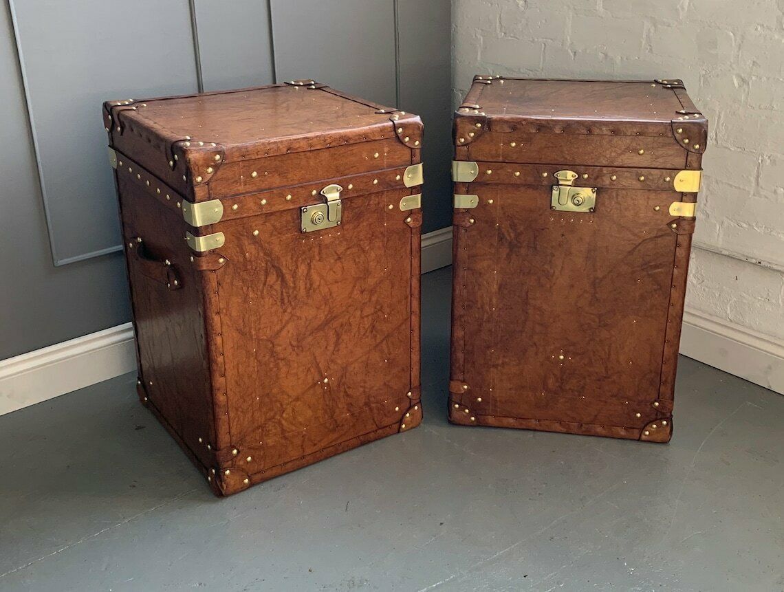 Library End Table Leather Colonial British Travel Trunks Room Decor