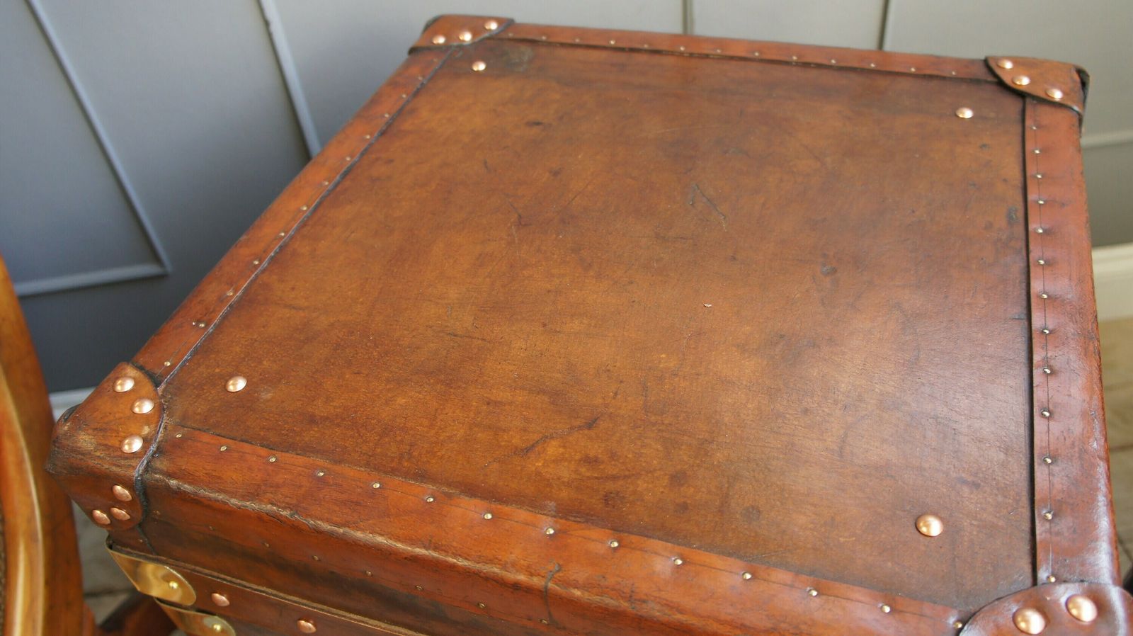 Original Antique English Leather Large Occasional Side Table Trunks photo for sale