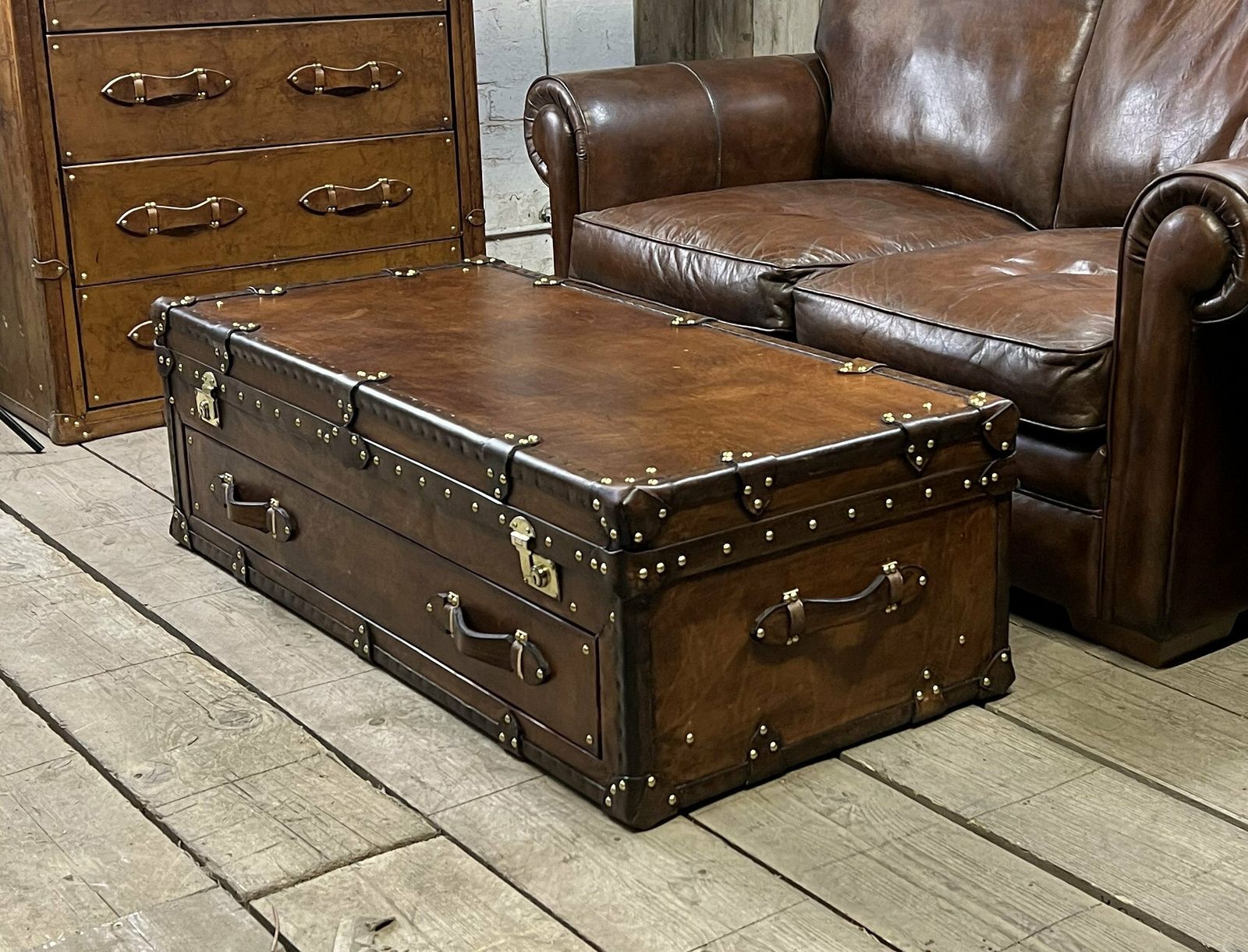 Coffee Table Luxury English Bridle Leather Hand Dyed Chestnut Brown Room Decor