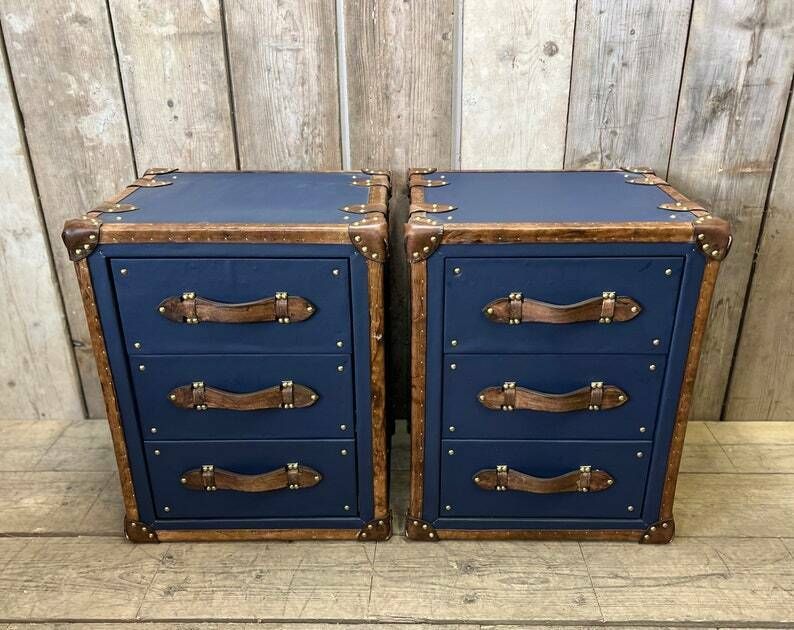 Luxury Pebble Blue Hand Dyed Trim Leather Nightstands Bedroom Furniture Chests photo 2066.0