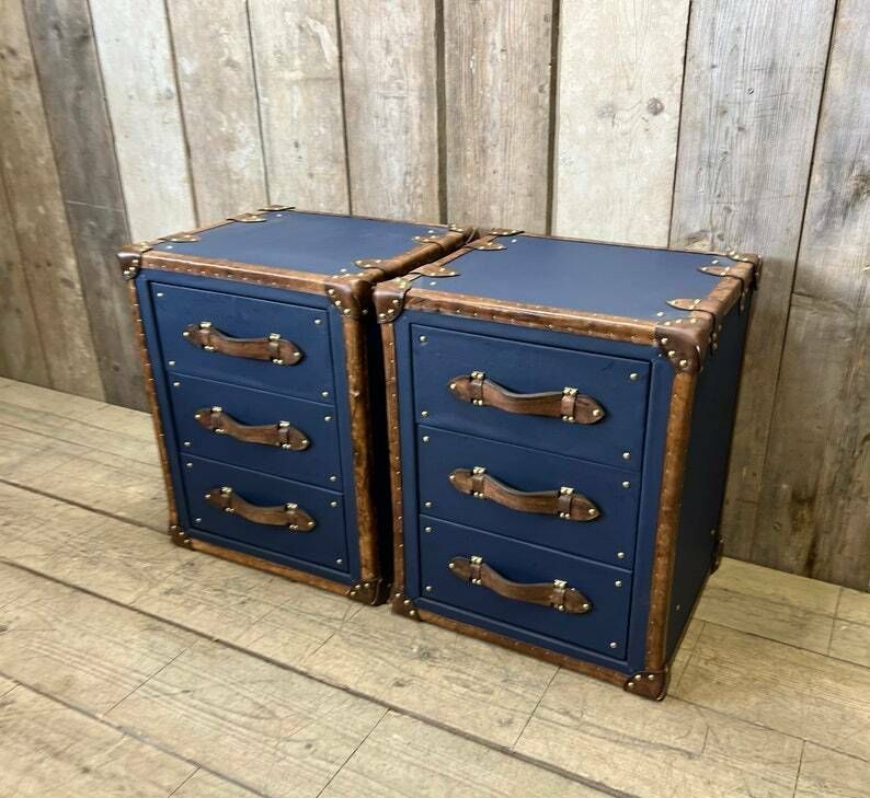 Luxury Pebble Blue Hand Dyed Trim Leather Nightstands Bedroom Furniture Chests photo vinterior