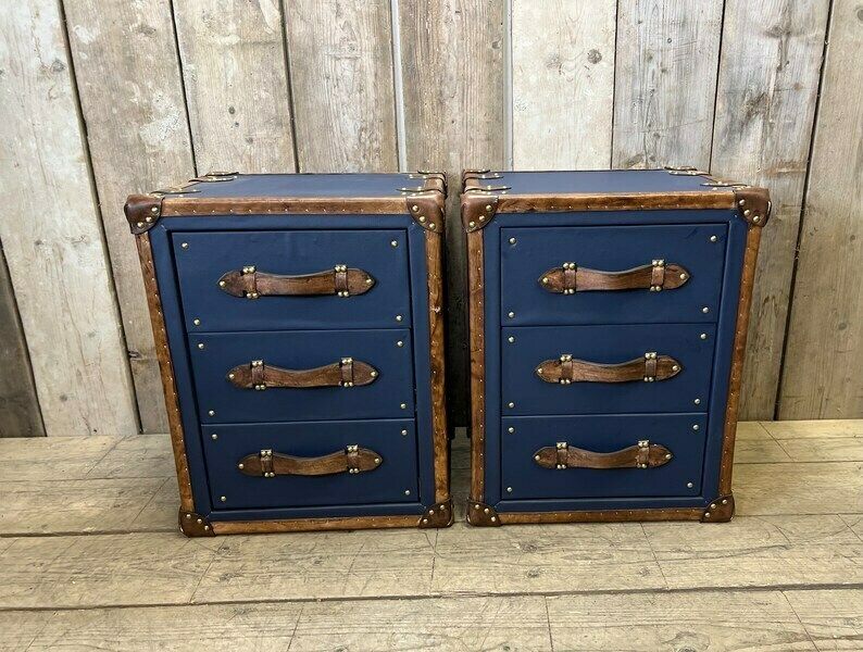 Luxury Pebble Blue Hand Dyed Trim Leather Nightstands Bedroom Furniture Chests photo vintage