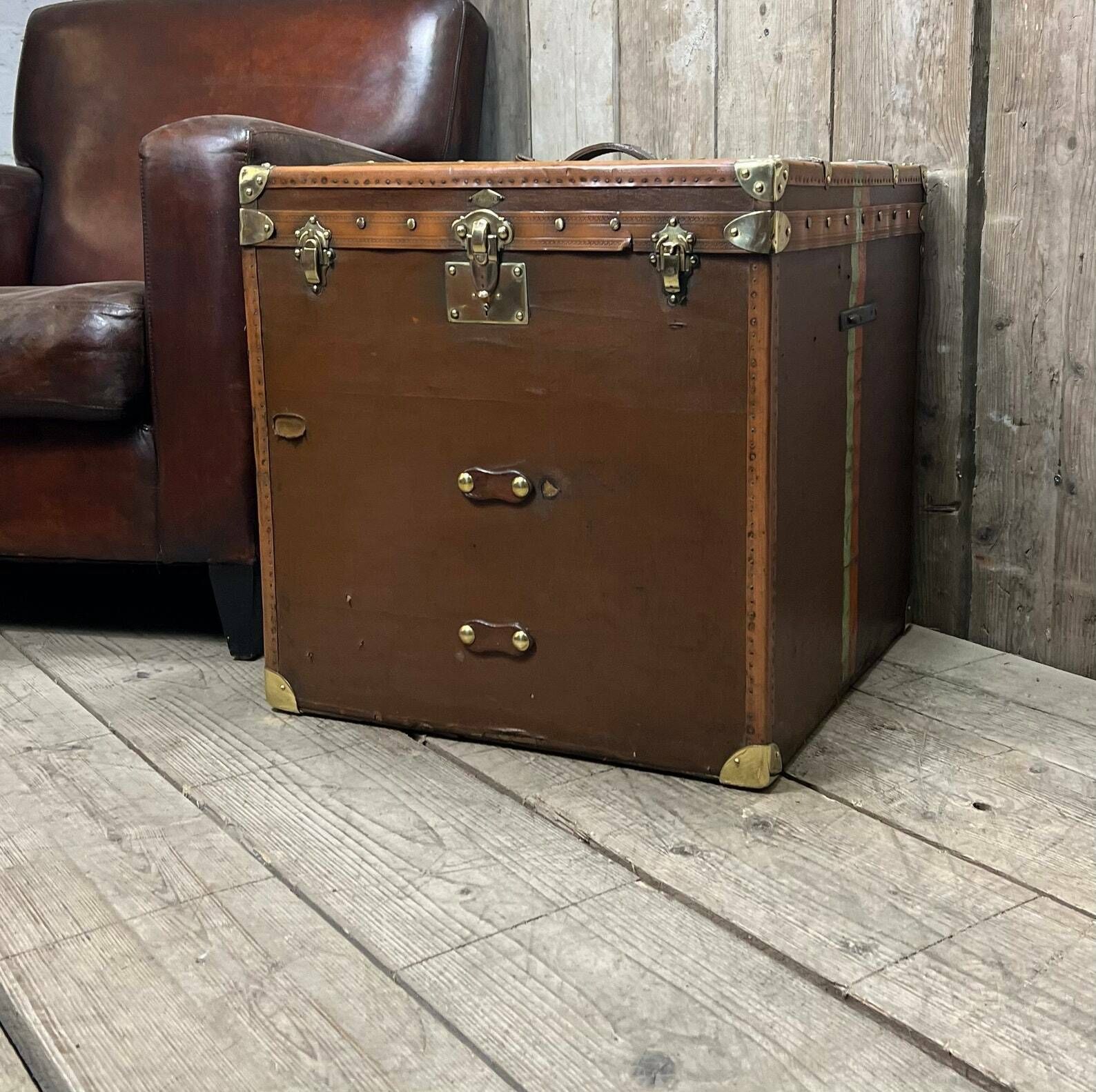 Huge Antique Square Travel Trunk Chest End Table Hatbox Trunk French Travel