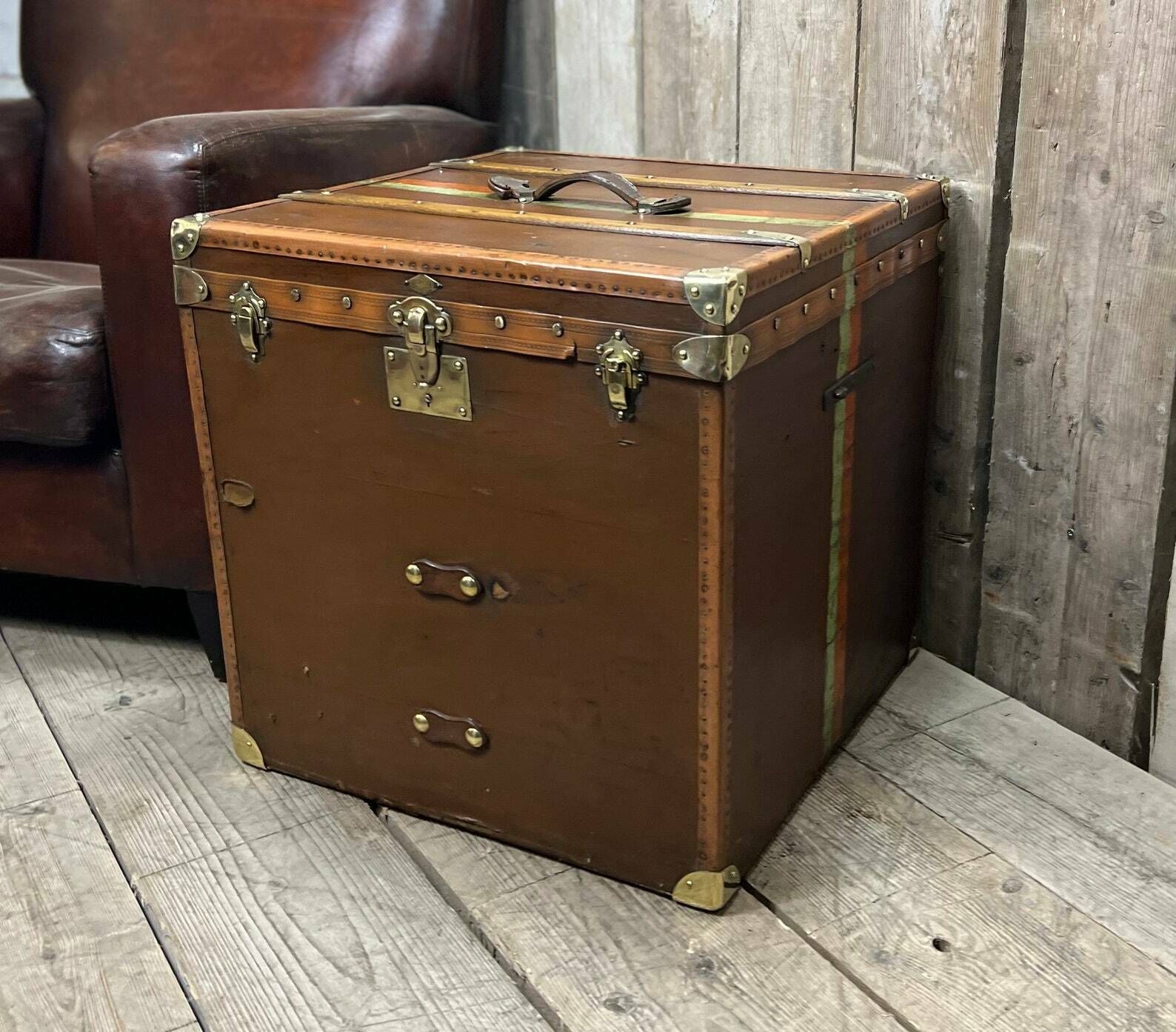 Huge Antique Square Travel Trunk Chest End Table Hatbox Trunk French Travel photo buy