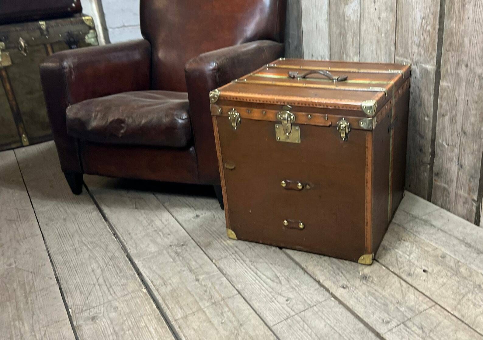 photo furniture Huge Antique Square Travel Trunk Chest End Table Hatbox Trunk French Travel