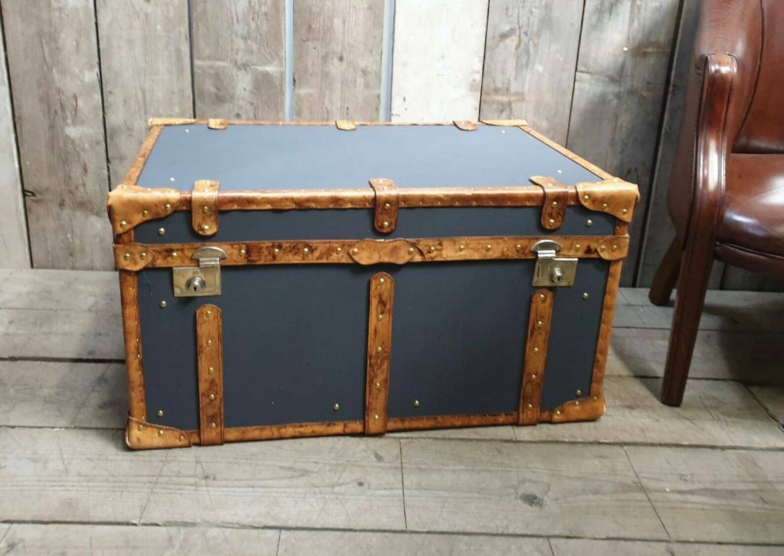 Charcoal Grey Millerain & Tan Leather Coffee Table End Table Home Decor Living Room photo furniture