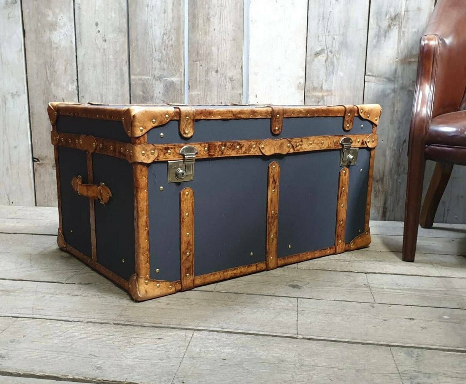photo for sale Charcoal Grey Millerain & Tan Leather Coffee Table End Table Home Decor Living Room