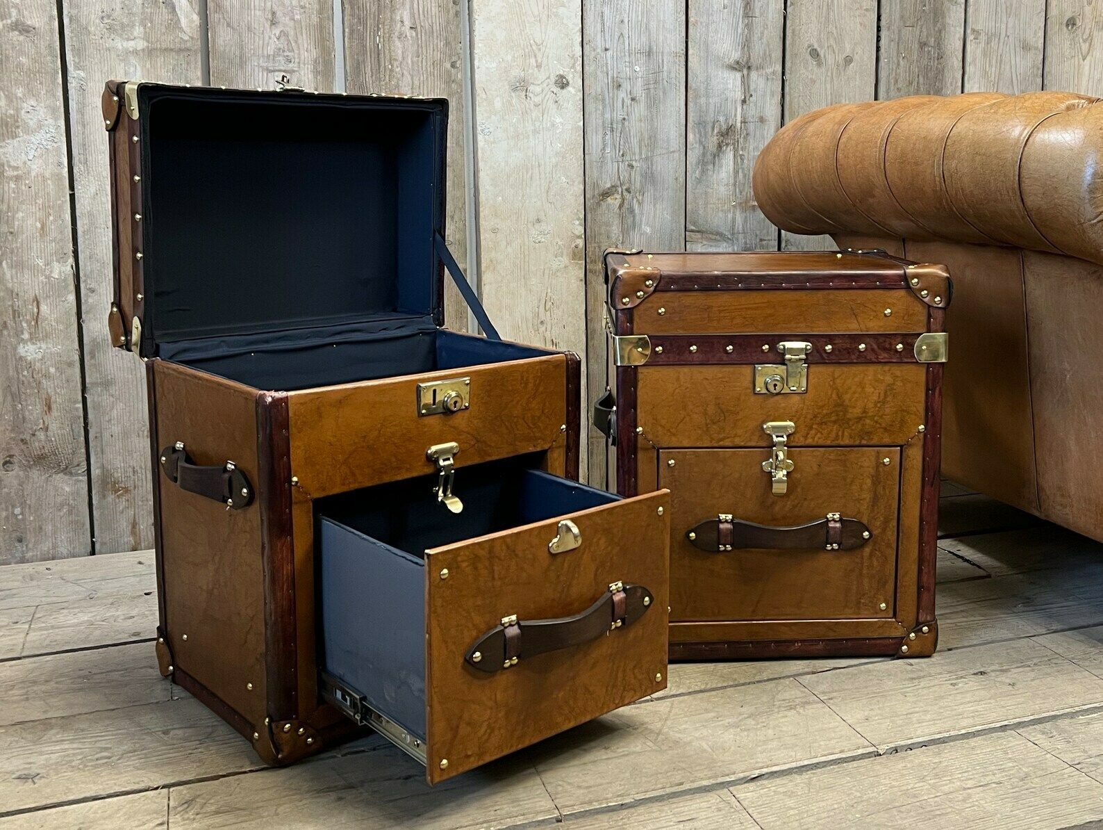 Pair Of Tan Leather Occasional Side Table Trunks Chests Home Decor Bedroom Furniture photo furniture