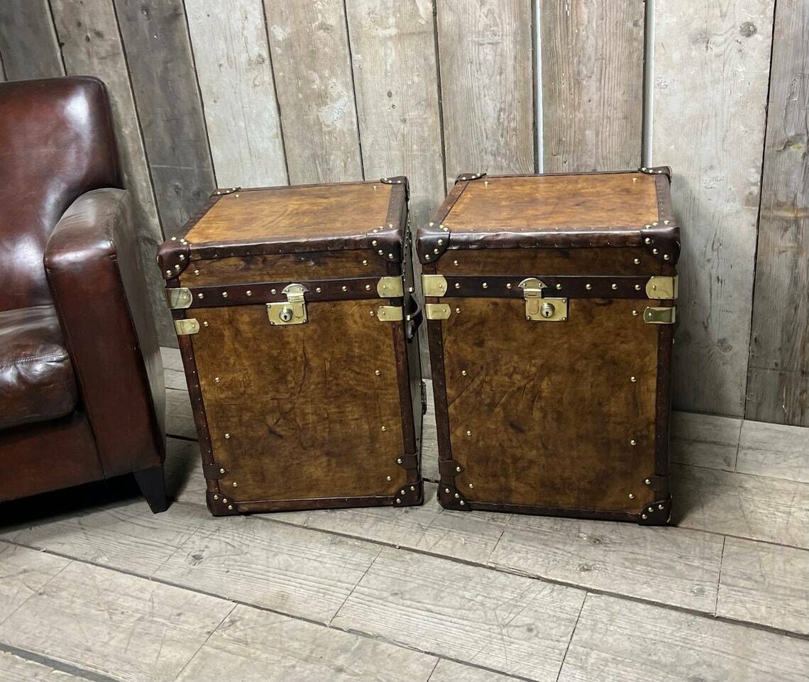Hand Made Hand Dyed English Leather Traditional Travel Trunks Hone Decor End Tables photo for sale