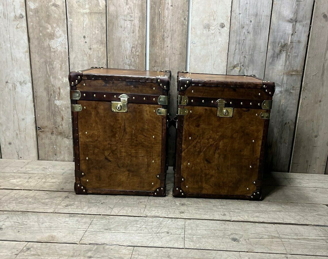 Hand Made Hand Dyed English Leather Traditional Travel Trunks Hone Decor End Tables photo vintage