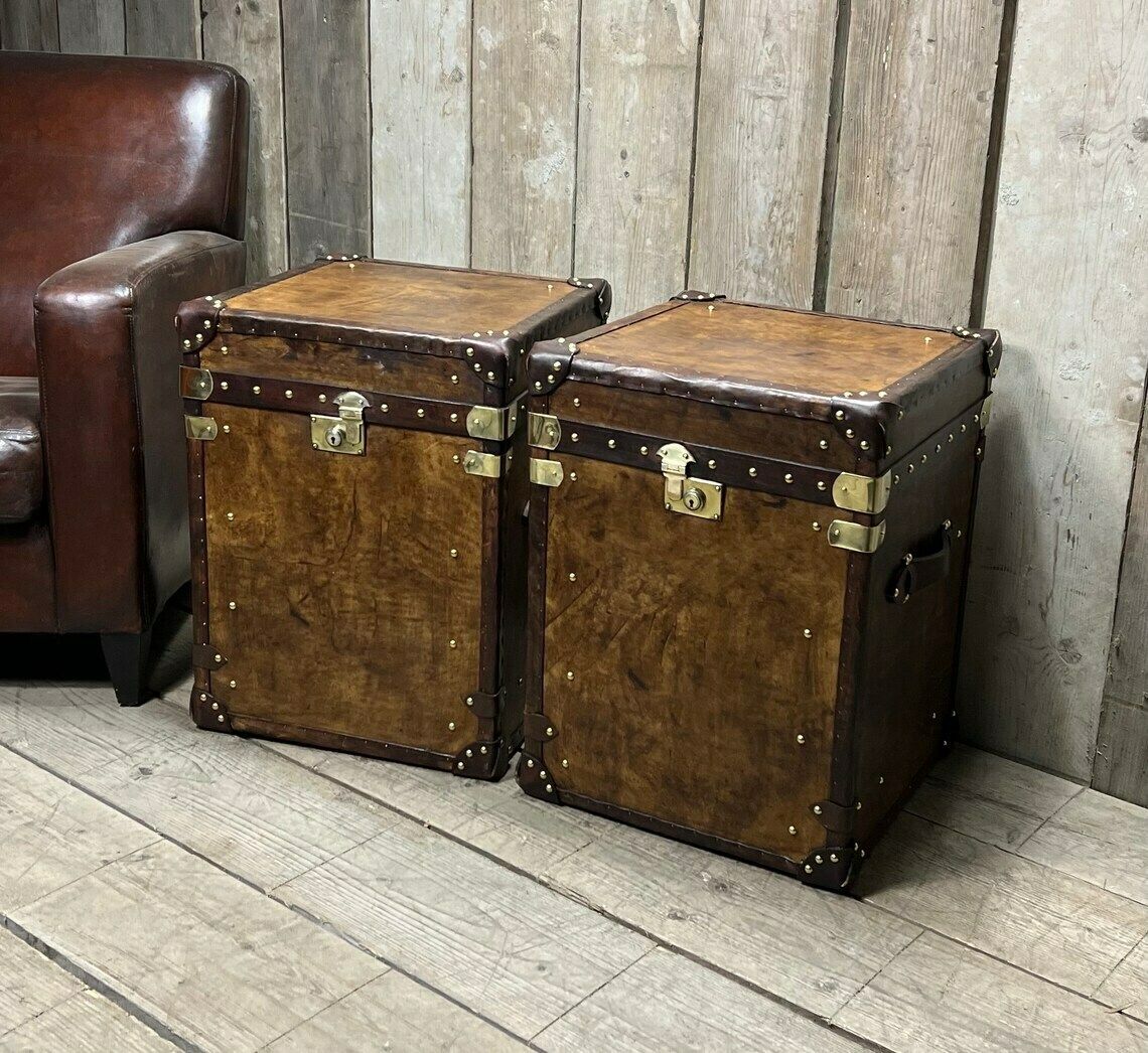 photo for sale Hand Made Hand Dyed English Leather Traditional Travel Trunks Hone Decor End Tables