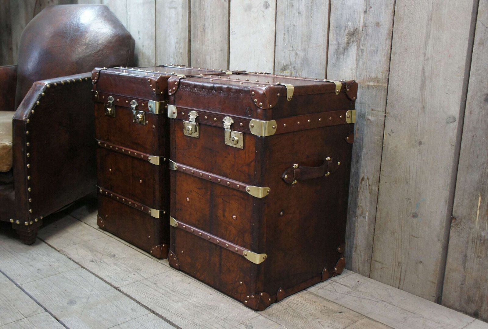 Ski Lodge Antique Leather Console Tables Luxury Bespoke English Leather Crafted Nightstands End Tables Sublime Patina photo buy