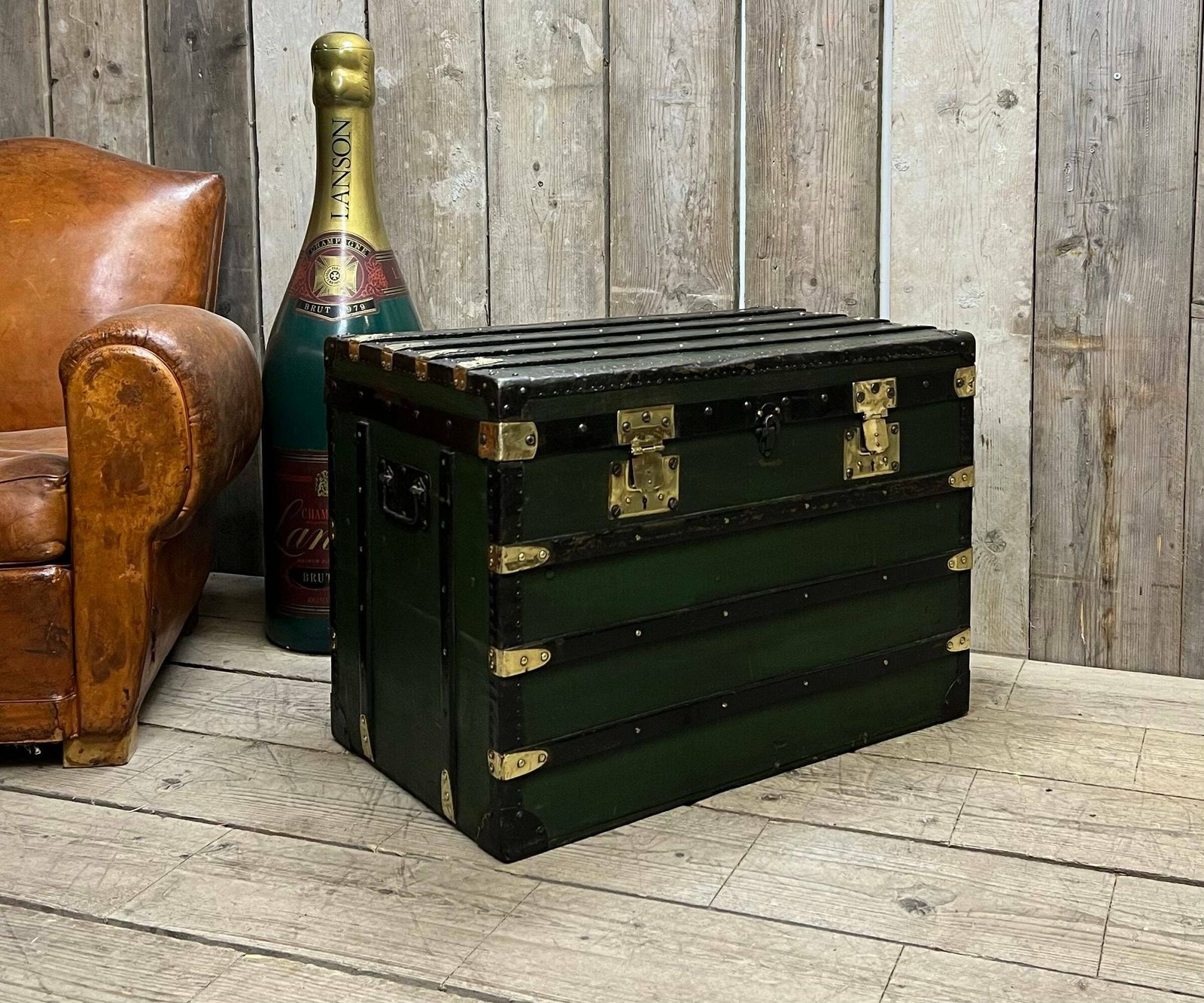 Antique Green French Steamer Trunk Bed End Blanket Box Coffee Table Home Decor photo furniture