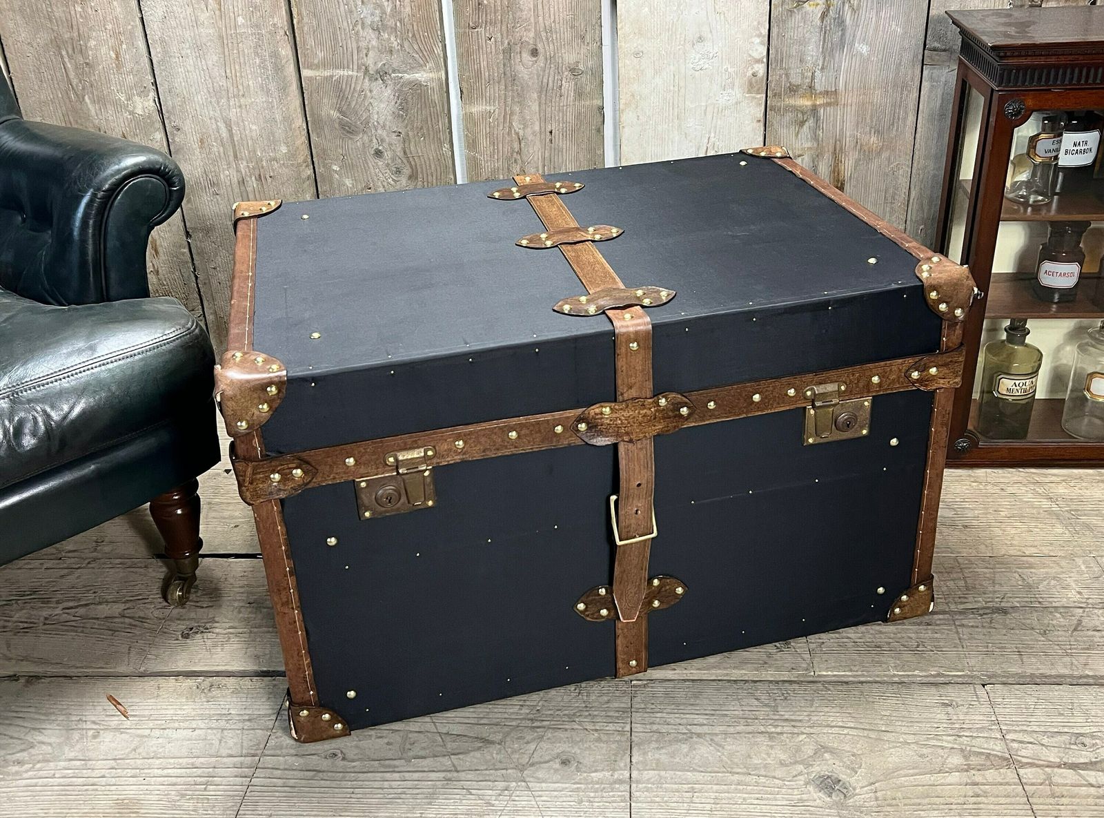 Black Millerain & Leather Trimmed English Handmade Coffee Table Trunk Storage Interior Design Luggage photo Furniture
