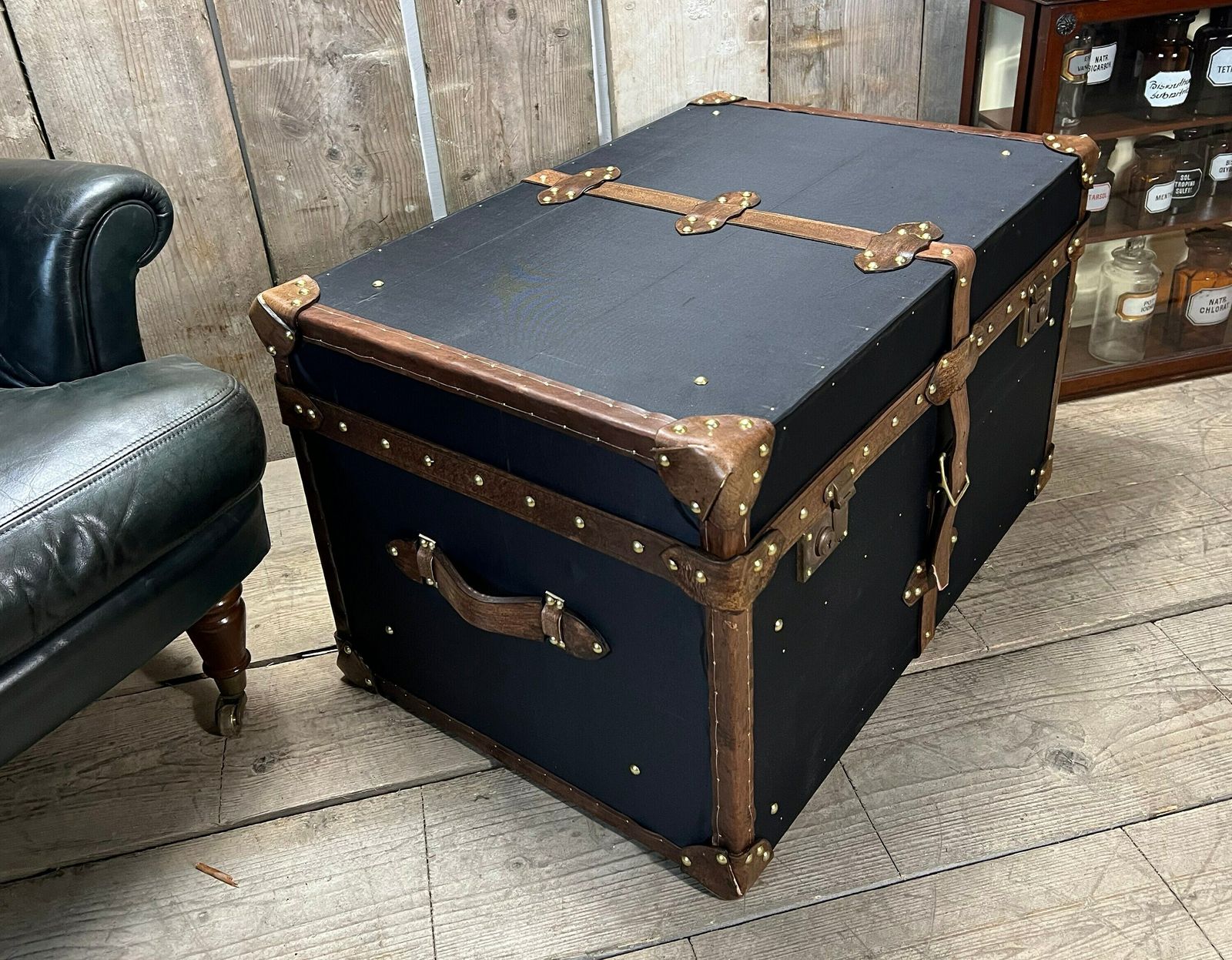 Black Millerain & Leather Trimmed English Handmade Coffee Table Trunk Storage Interior Design Luggage photo buy