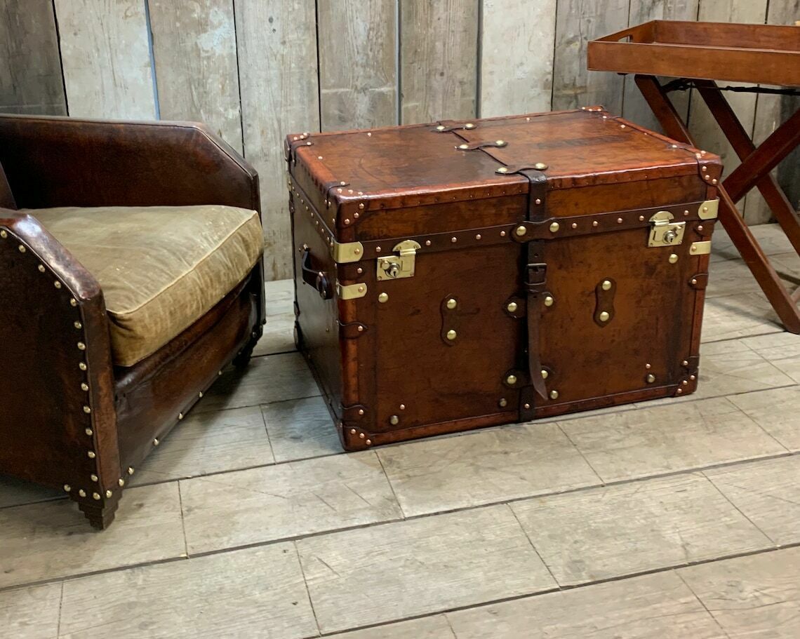 photo for sale Antique Leather Luxury English Coffee Table Trunk Coach Trunk Home Interior Decor