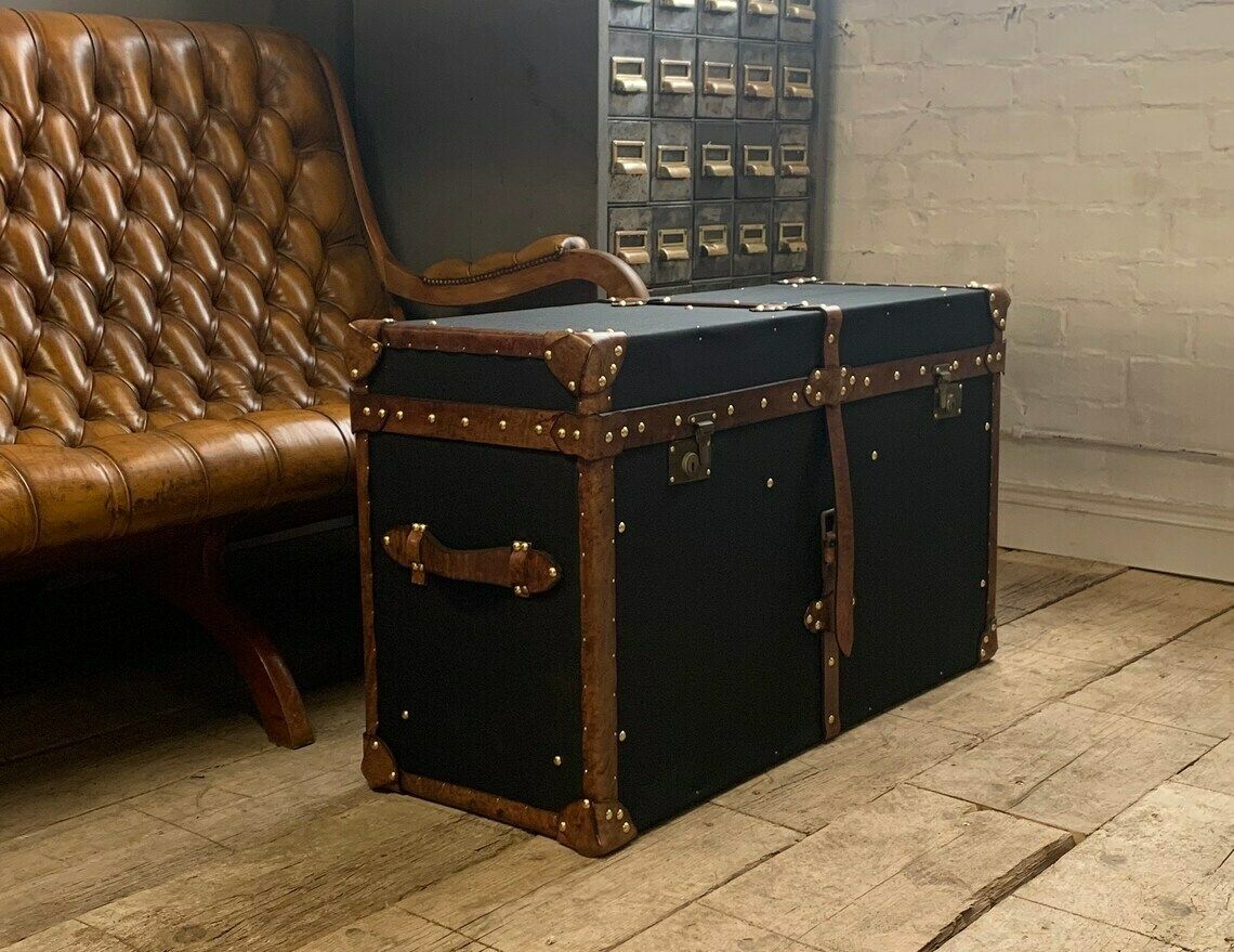 English Black Millerain Canvas & Tan Leather Coffee Table Trunk