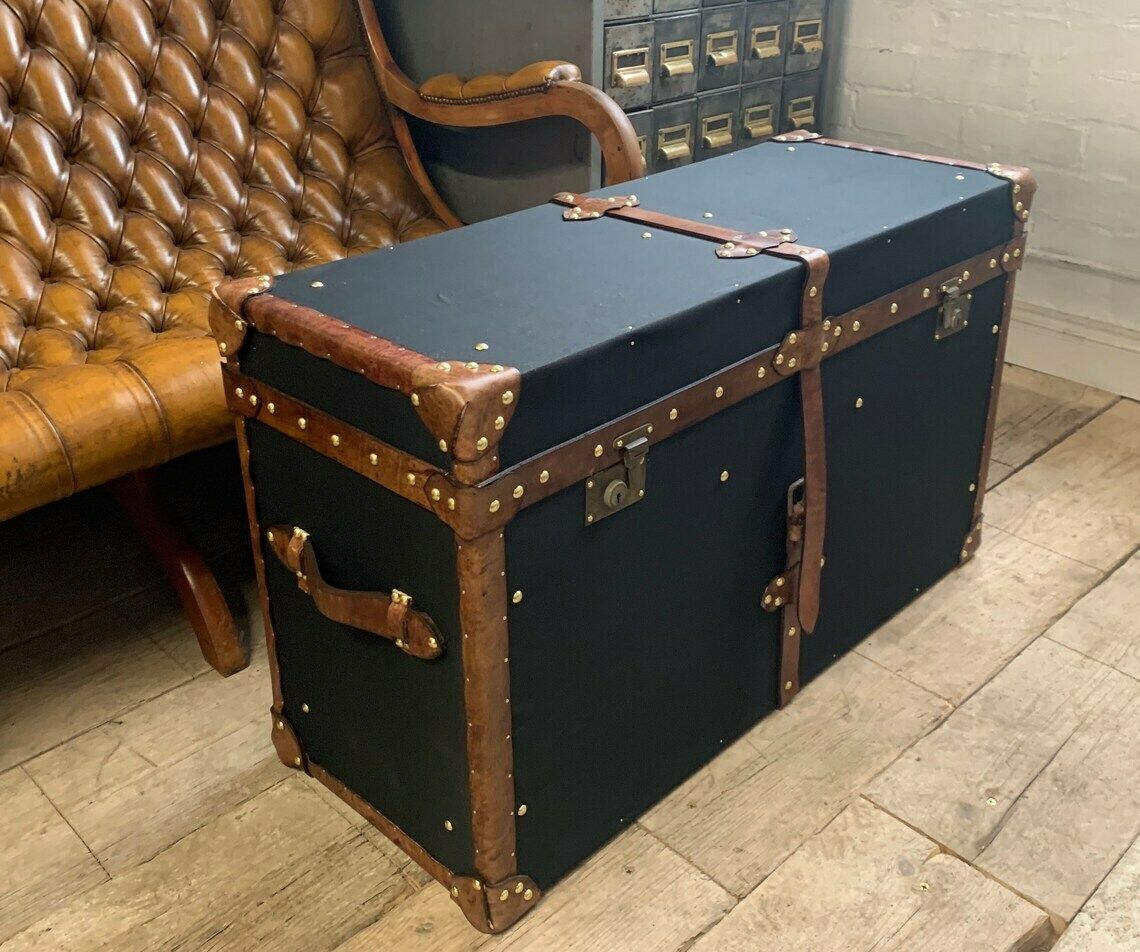 English Black Millerain Canvas & Tan Leather Coffee Table Trunk photo Furniture