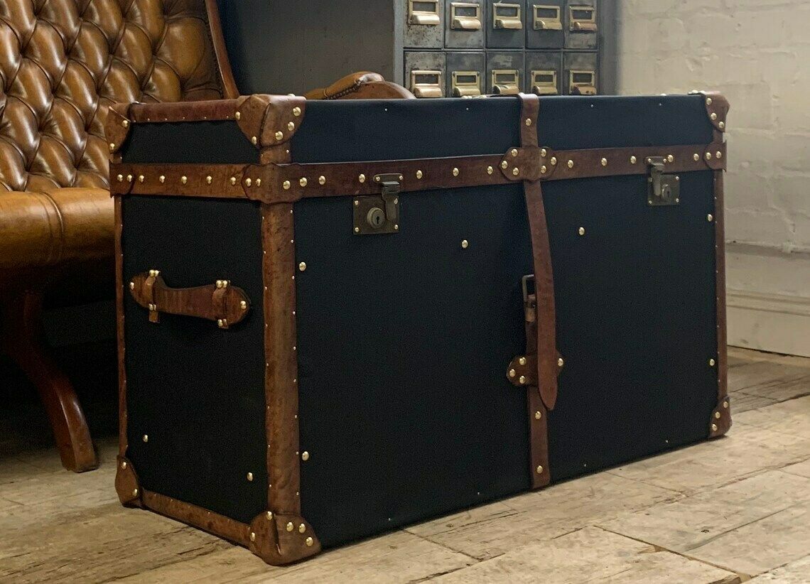 English Black Millerain Canvas & Tan Leather Coffee Table Trunk photo 919.0