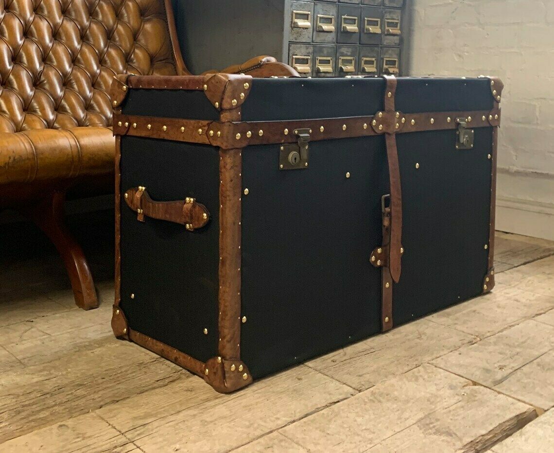 English Black Millerain Canvas & Tan Leather Coffee Table Trunk photo vinterior