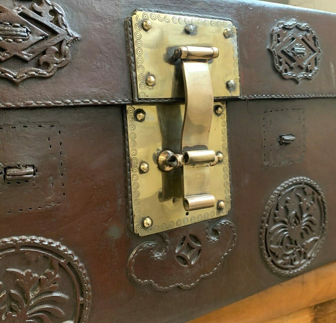 Antique Oriental Red Burgundy Thick Leather Travel Trunk Home Interiors photo for sale