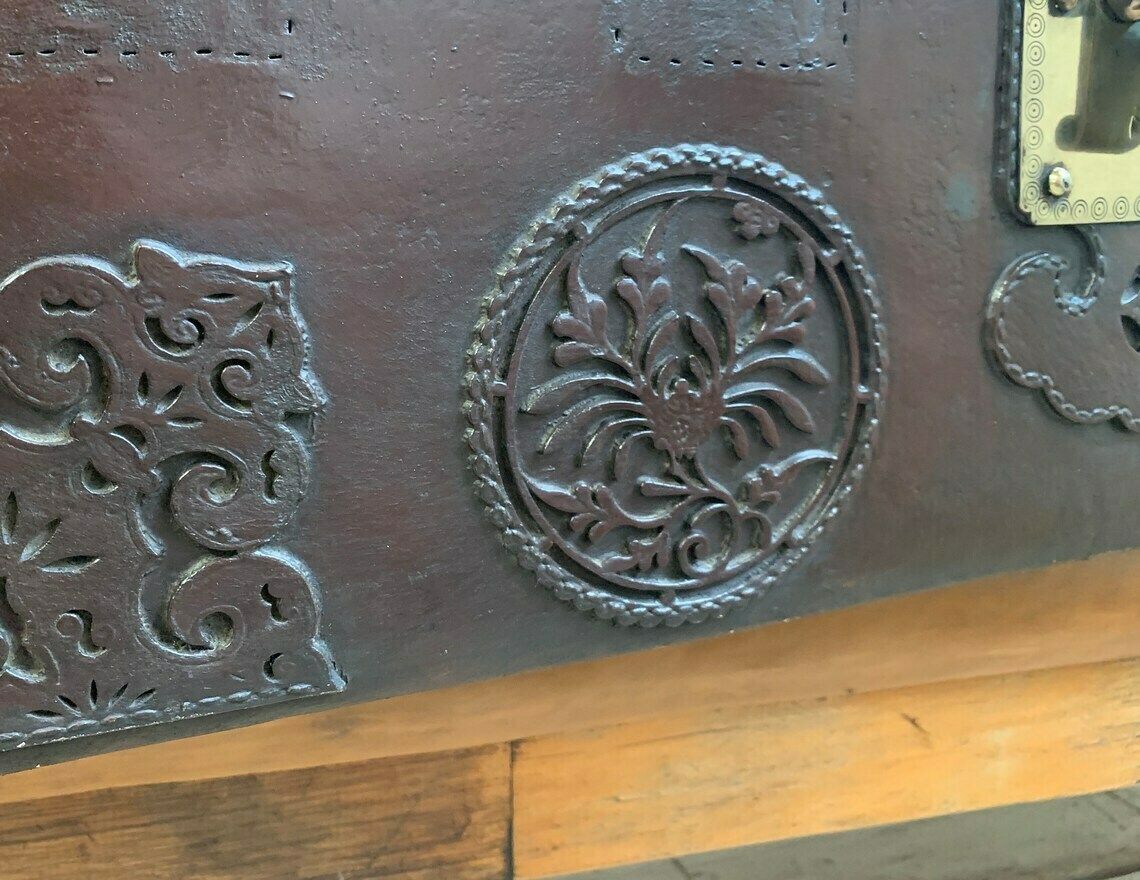 Antique Oriental Red Burgundy Thick Leather Travel Trunk Home Interiors photo vinterior