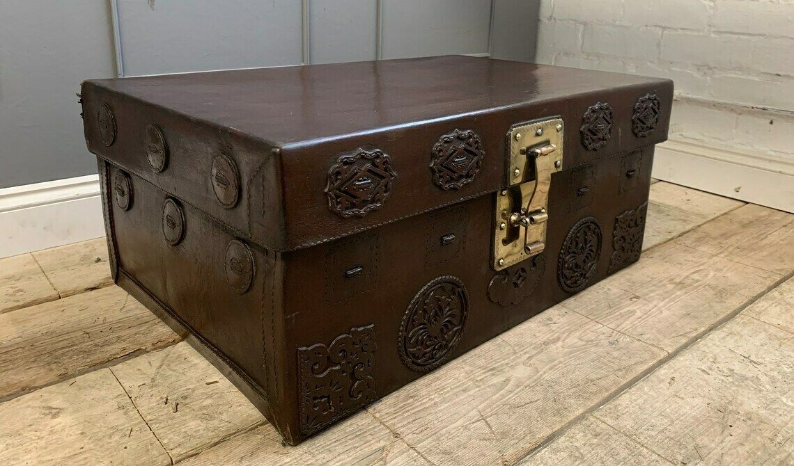 Antique Oriental Red Burgundy Thick Leather Travel Trunk Home Interiors photo vintage