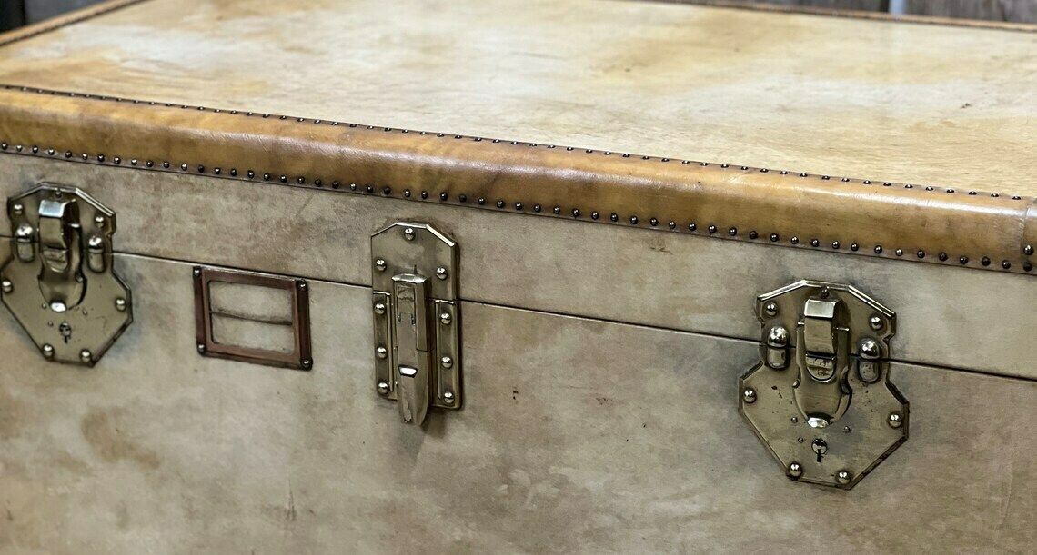 Exceptionally Rare Full Vellum Antique Travel Trunk Coffee Table Home Decor Interiors photo vinterior