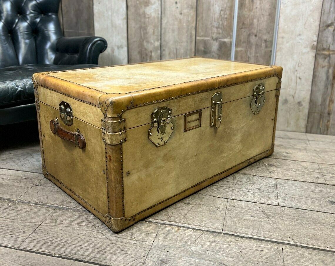 photo for sale Exceptionally Rare Full Vellum Antique Travel Trunk Coffee Table Home Decor Interiors
