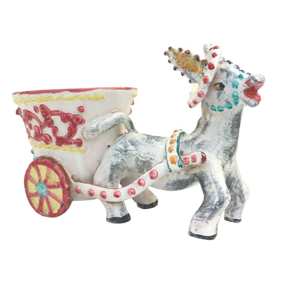 Large Mid Century Italian Pottery Donkey And Cart Planter By Fratelli Fanciullacci, Retro Italian Pottery Planter photo 60.0