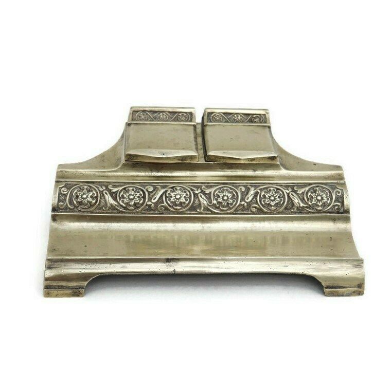 Antique Aesthetic Movement Brass Inkwell Double Ink Pot . photo furniture