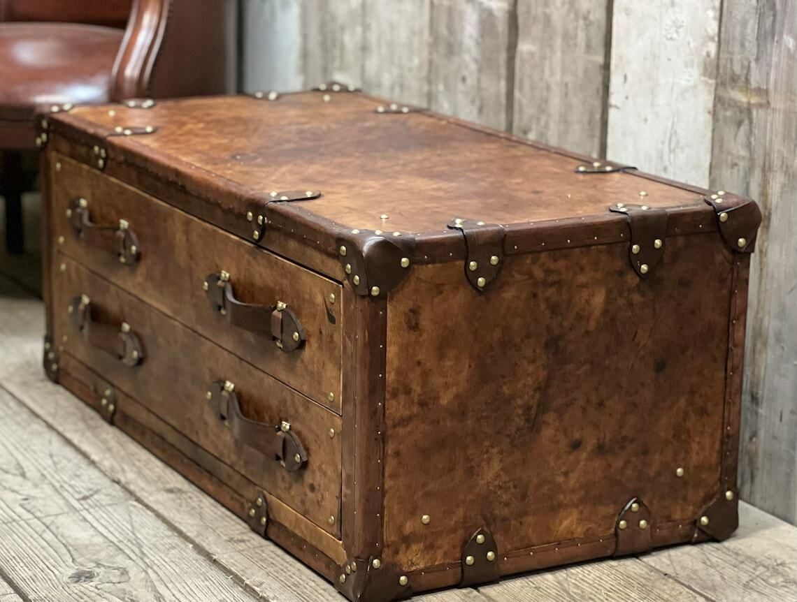 Leather Console 2 Draw English Handmade Coffee Table Room Decor Hand Dyed Bridle Leather Luxury Homes Inspired Travel photo furniture