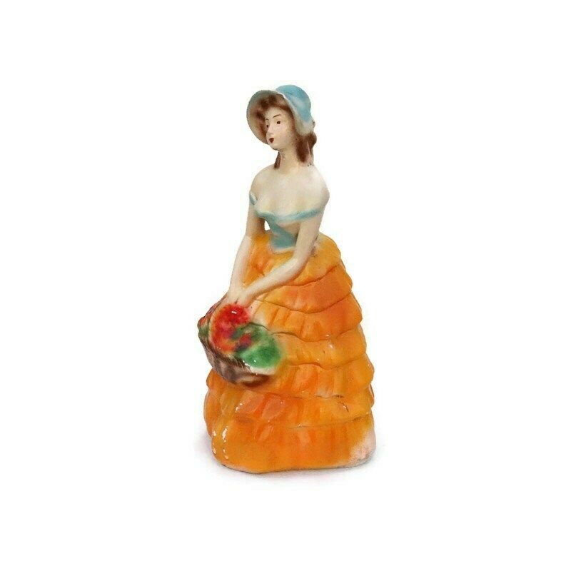 Large 1930's Crinoline Lady Plaster Figure With Basket Of Flowers photo for sale