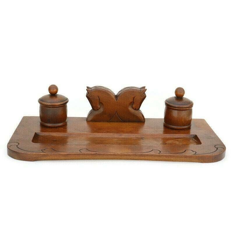 Antique Art Deco Wooden Carved Horses Inkwell Office Decor Art Deco Gift For Office photo for sale
