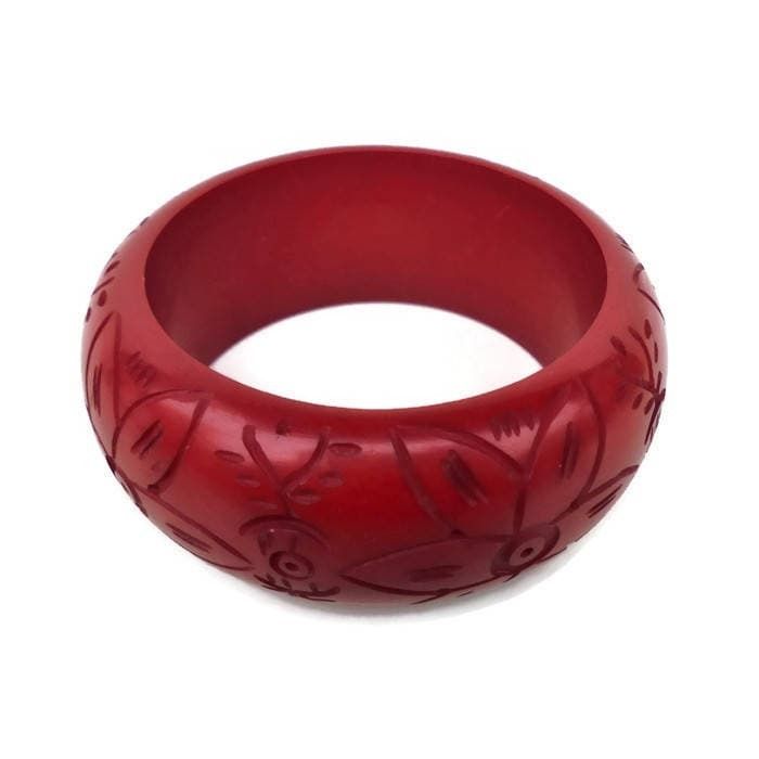 Red Bakelite Carved Bangle With Floral Design/Chunky Red Bakelite Carved Bangle/Pin Up Bangle/Early Plastics Bangle/Runaway Bangle photo for sale