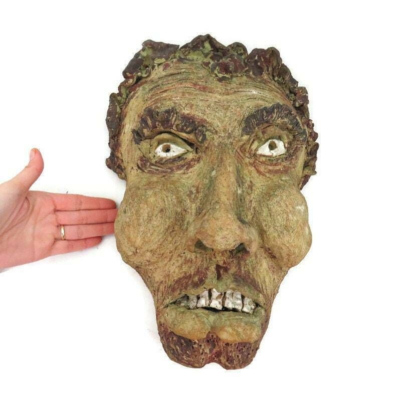 Large Grotesque Male Face Sculpture Mask 16'' H.Bizarre Ugly Face Sculpture photo for sale