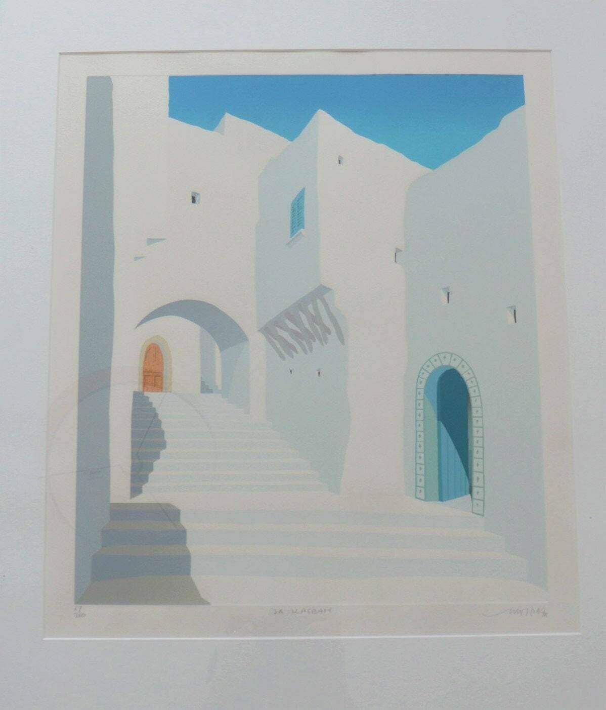 Large Blue Metal Framed Lithograph La Kasbah Indistinctly Signed .Mediterranean Wall Art