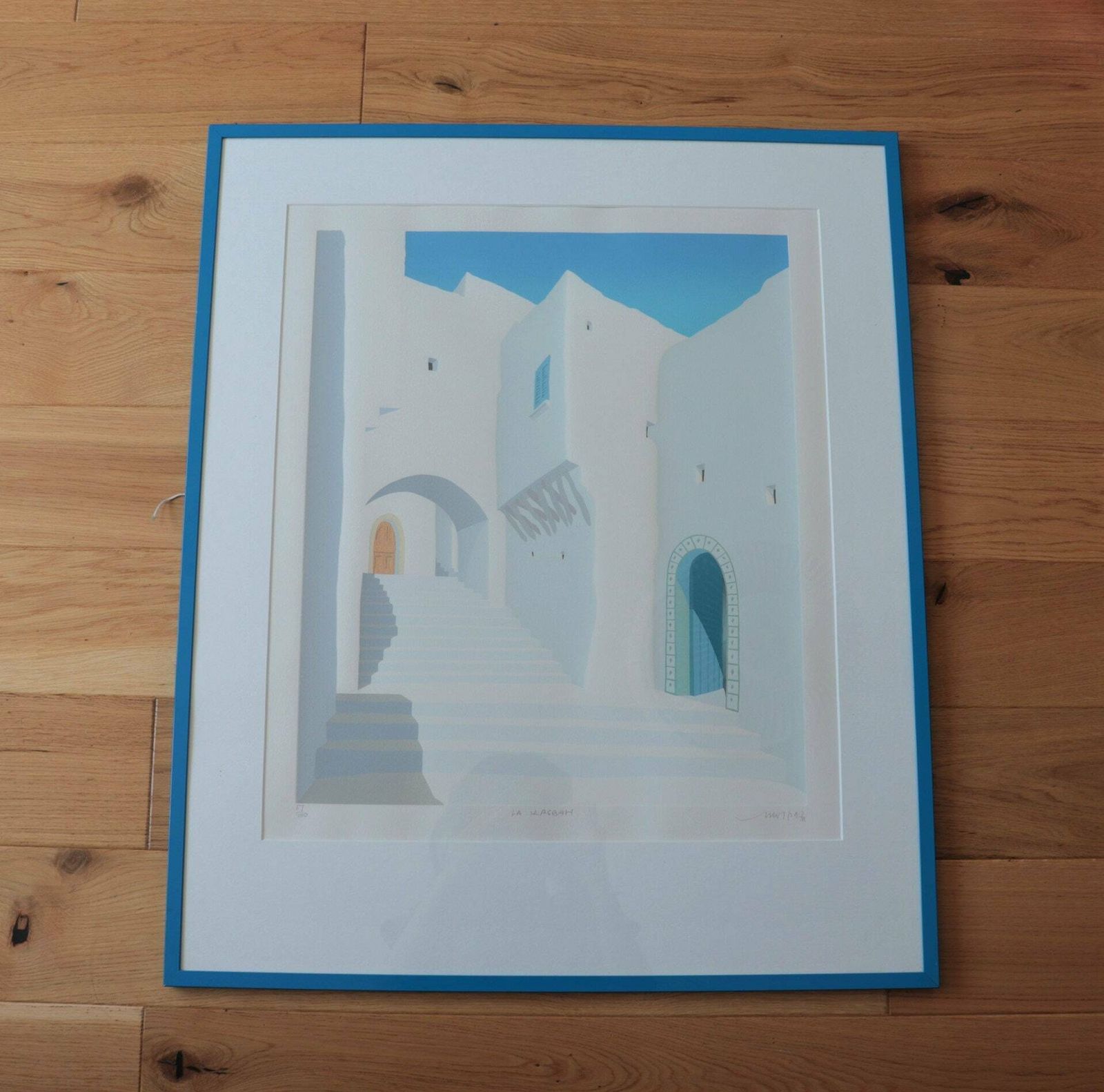 Large Blue Metal Framed Lithograph La Kasbah Indistinctly Signed .Mediterranean Wall Art photo furniture