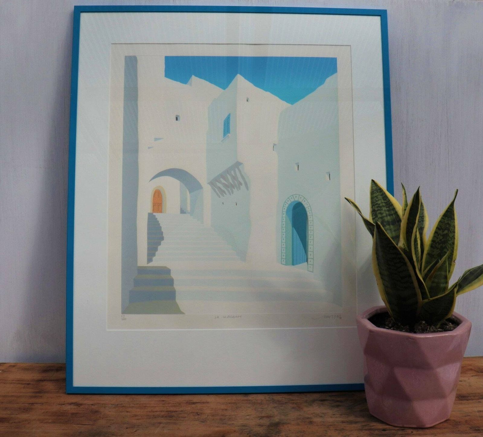 Large Blue Metal Framed Lithograph La Kasbah Indistinctly Signed .Mediterranean Wall Art photo Art