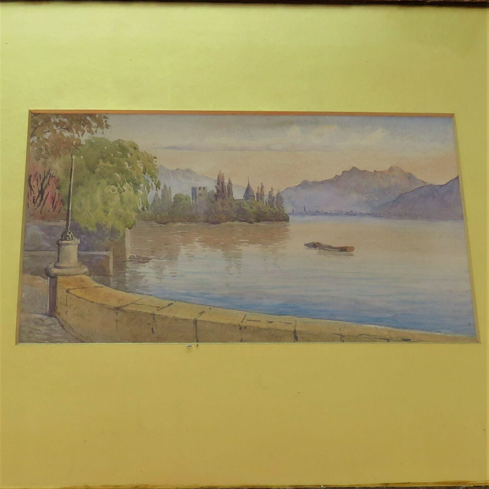 Antique Golden Framed Gouache Lake Landscape C Late 1800's. photo furniture