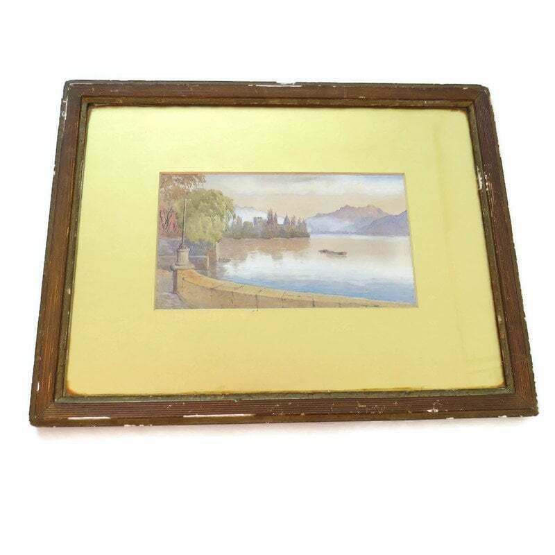 Antique Golden Framed Gouache Lake Landscape C Late 1800's. photo vintage