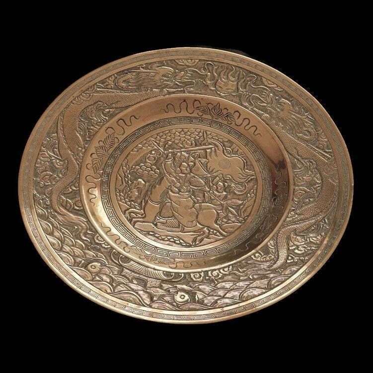 Antique Chinese Bronze Wall Plaque With Dragon Chasing Pearl And Warrior On Horse ,Signed. photo furniture