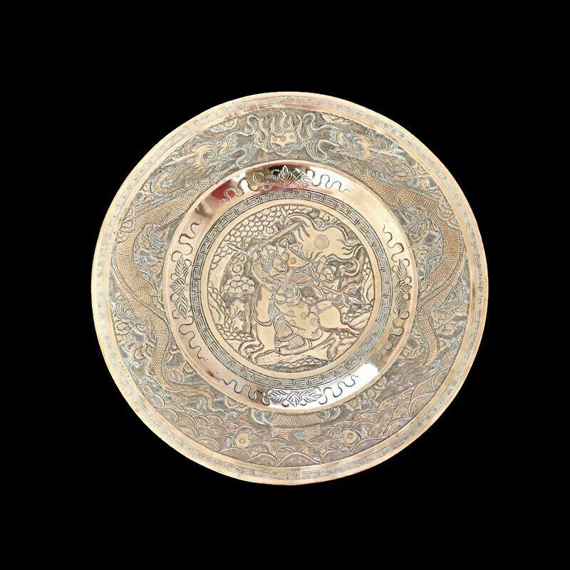 Antique Chinese Bronze Wall Plaque With Dragon Chasing Pearl And Warrior On Horse ,Signed. photo 140.0
