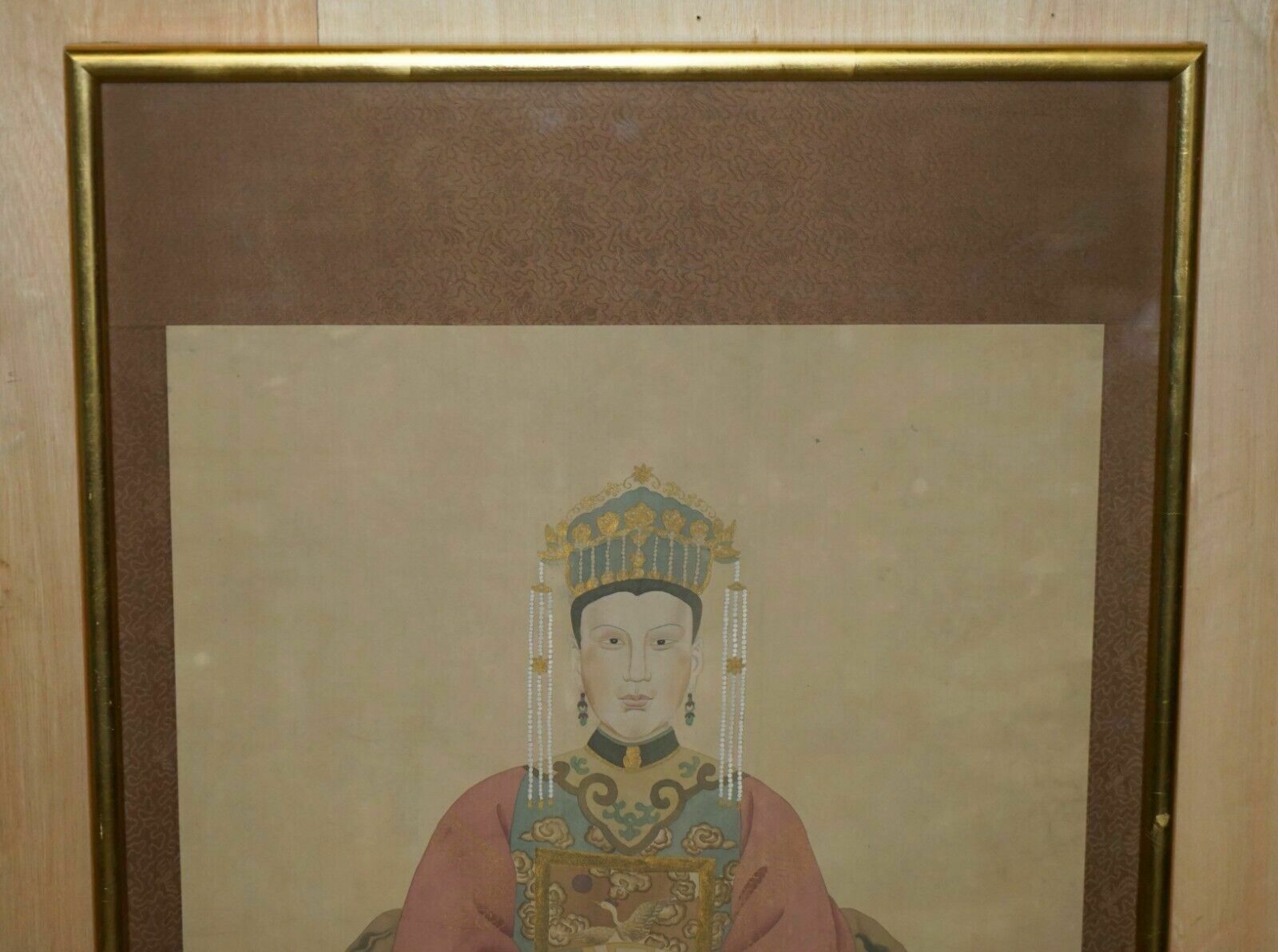 Large Pair Of 133x78cm Antique Chinese Ancestral Portraits With Gold Borders photo for sale