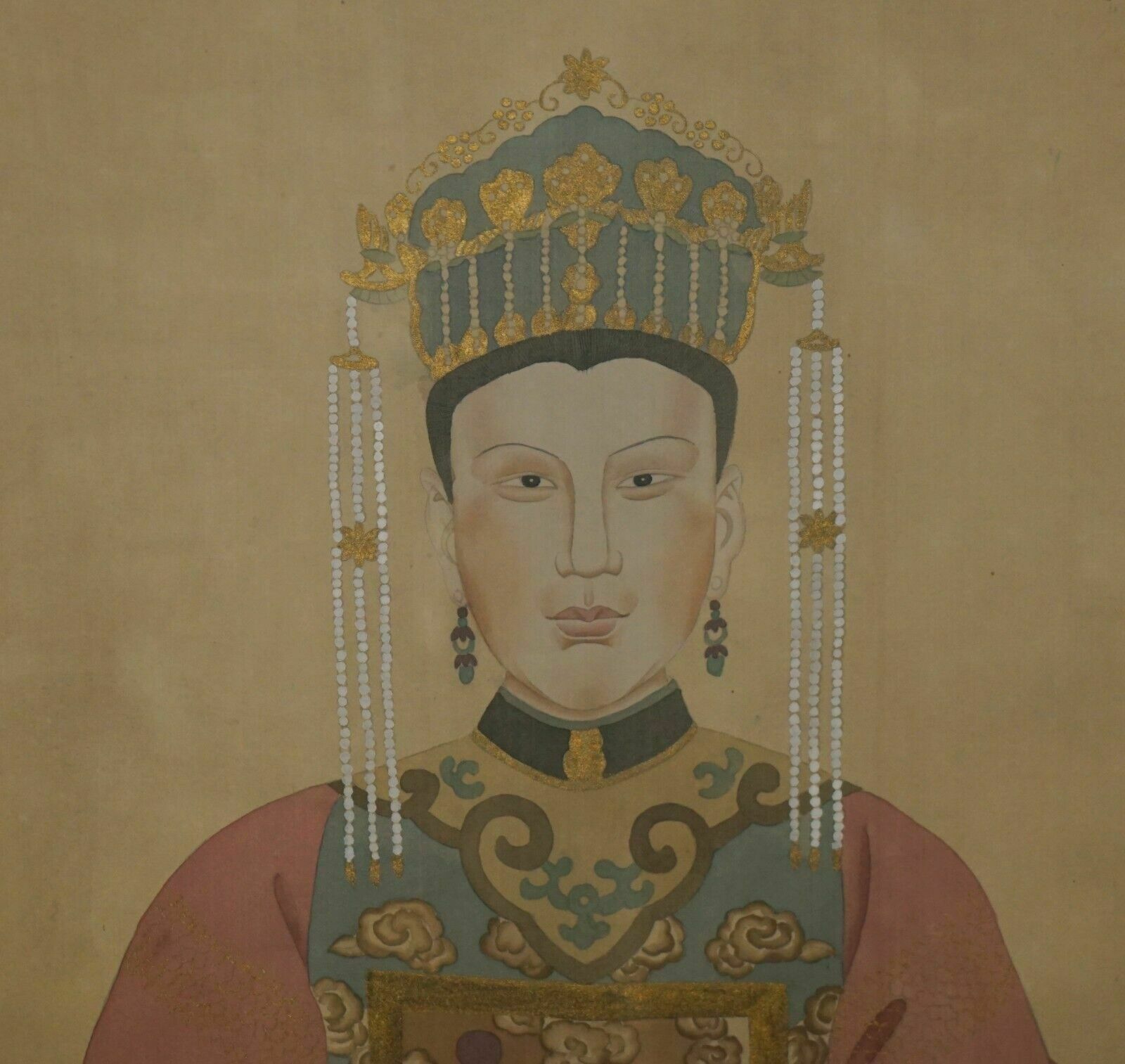 Large Pair Of 133x78cm Antique Chinese Ancestral Portraits With Gold Borders photo vinterior