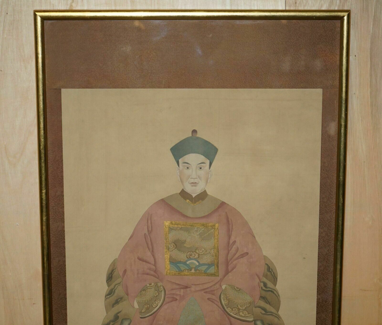photo buy Large Pair Of 133x78cm Antique Chinese Ancestral Portraits With Gold Borders