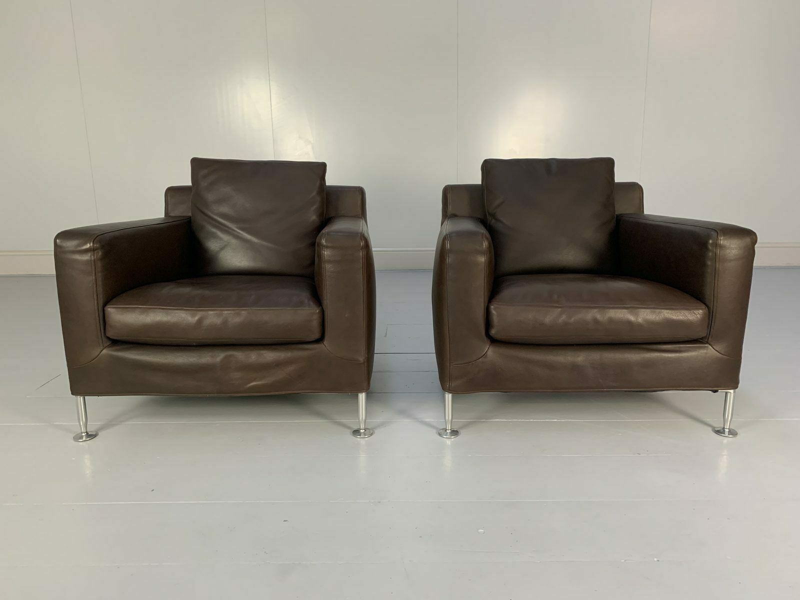 Pair Of B&B Italia “Harry H85” Armchairs – In Brown “Gamma” Leather